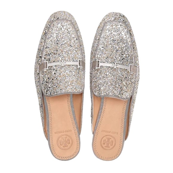 TORY BURCH Amelia Glitter Silver Mules - Picture 2 of 8